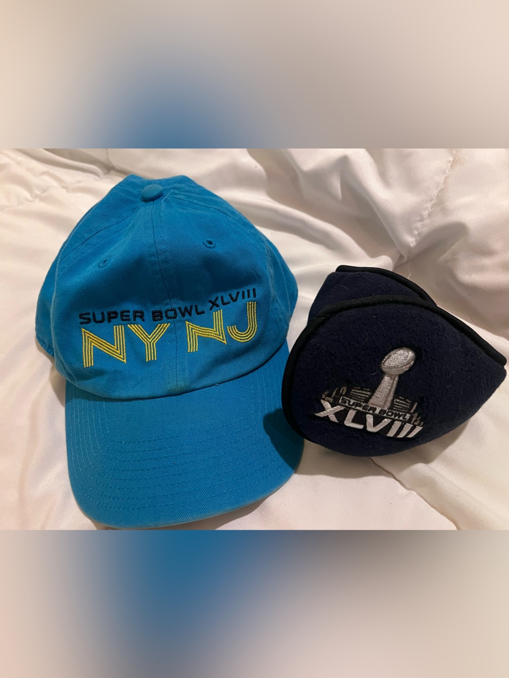 Authentic Super Bowl XLVIII merch- Blue Baseball Cap & earmuffs